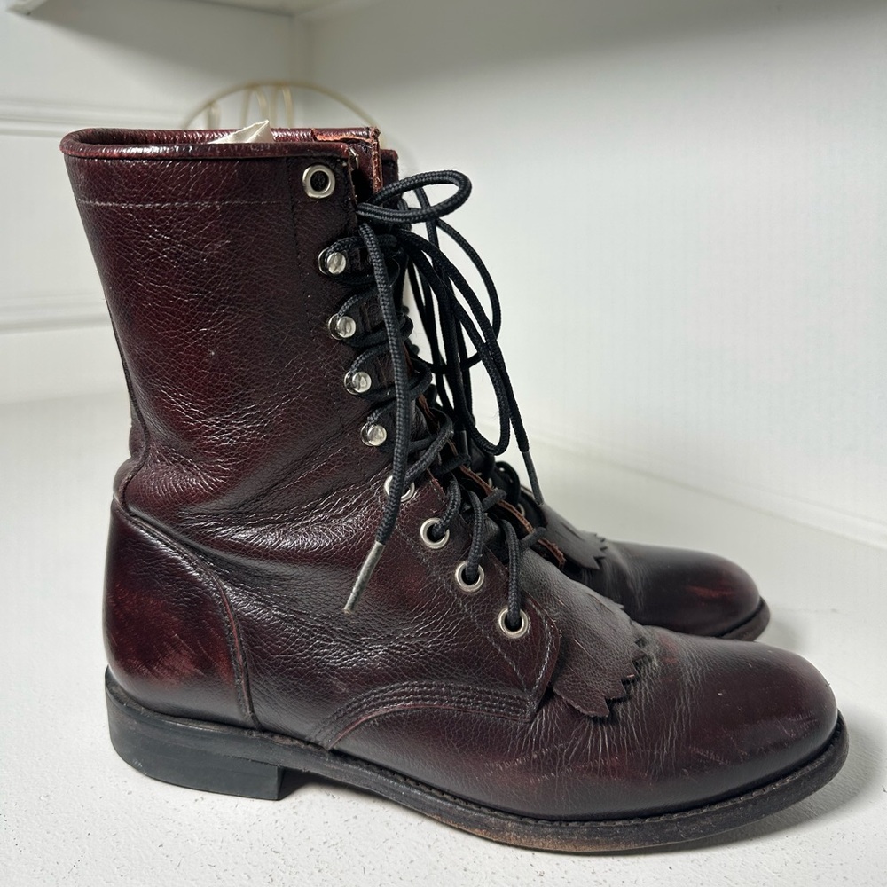 Justin Vintage Kiltie Lace-Up Boots Women’s 6.5B Burgundy Brown Leather USA - Picture 4 of 9